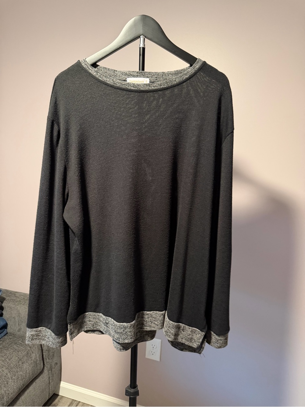 Black Lightweight Long Sleeve Top with Heather Gray Trim - Picture 1 of 6
